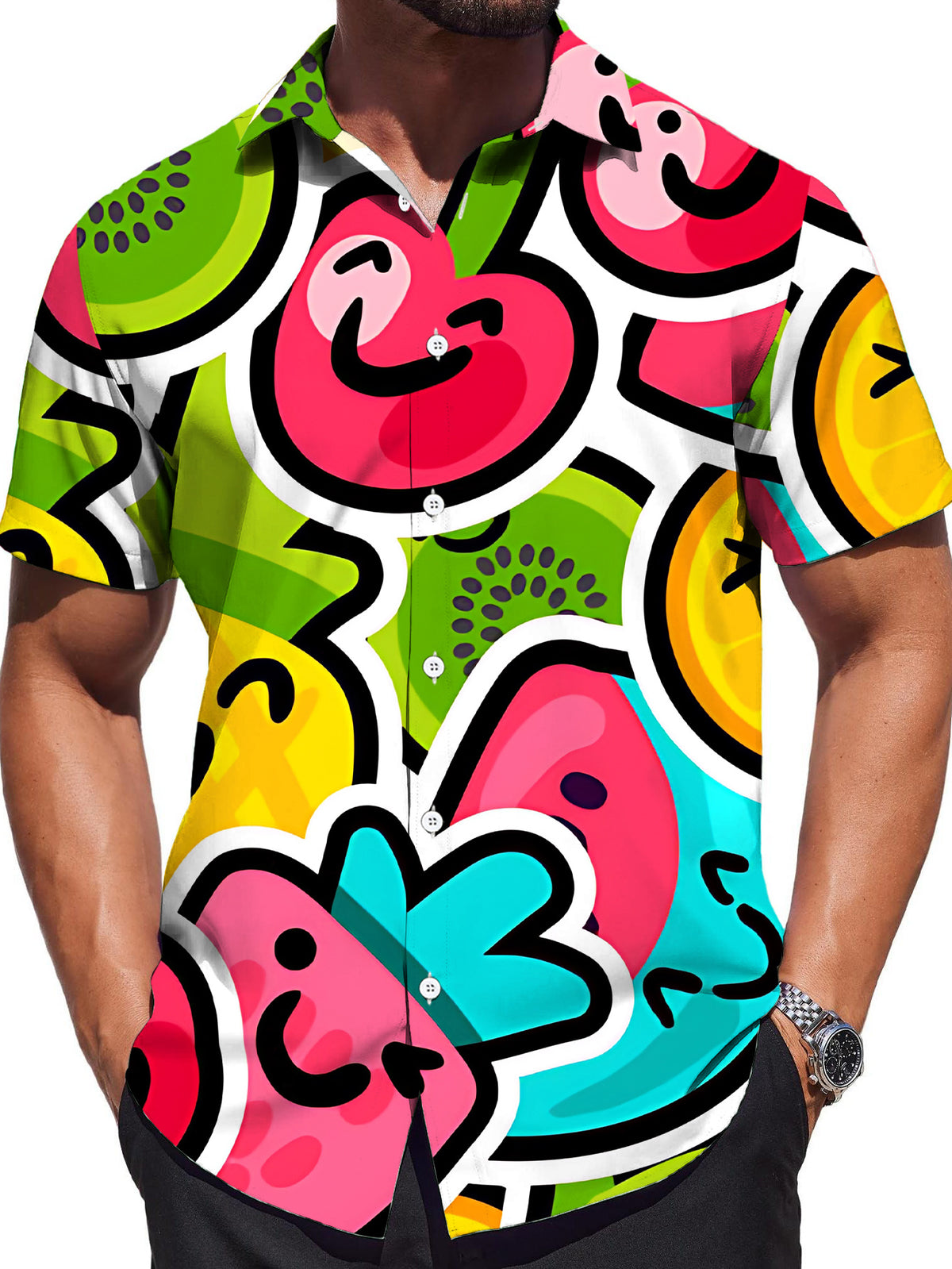 Men's Short-Sleeve Shirt, Fashionable Trendy Digital Print Shirt with Cartoon Fruit in Vibrant Styles, Stylish and Elegant, Summer/Trendy/Clothing/Men's/Printed/Apparel/Streetwear