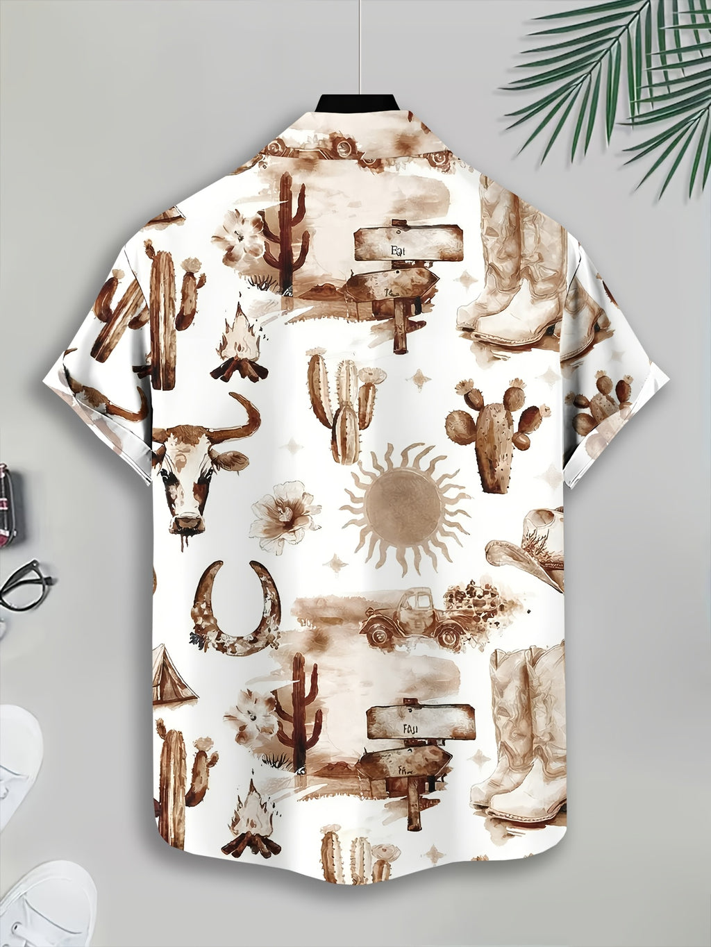 Men'S Hawaiian Style Short Sleeve Shirt Casual Vacation Printed Shirt Brown Cactus Pattern Casual Top
