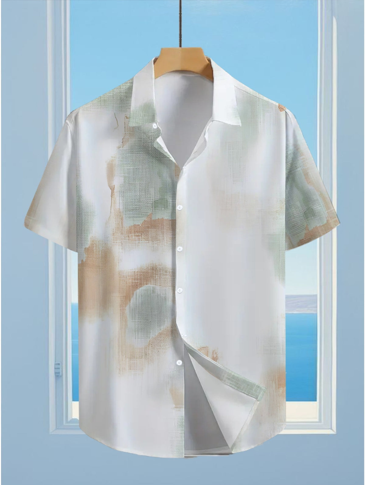 Hawaiian Tropical Green, Yellow, And White Ink Print Men'S Casual Shirt - Short-Sleeved Button Design, Suitable for Outdoor And Casual Wear in Summer