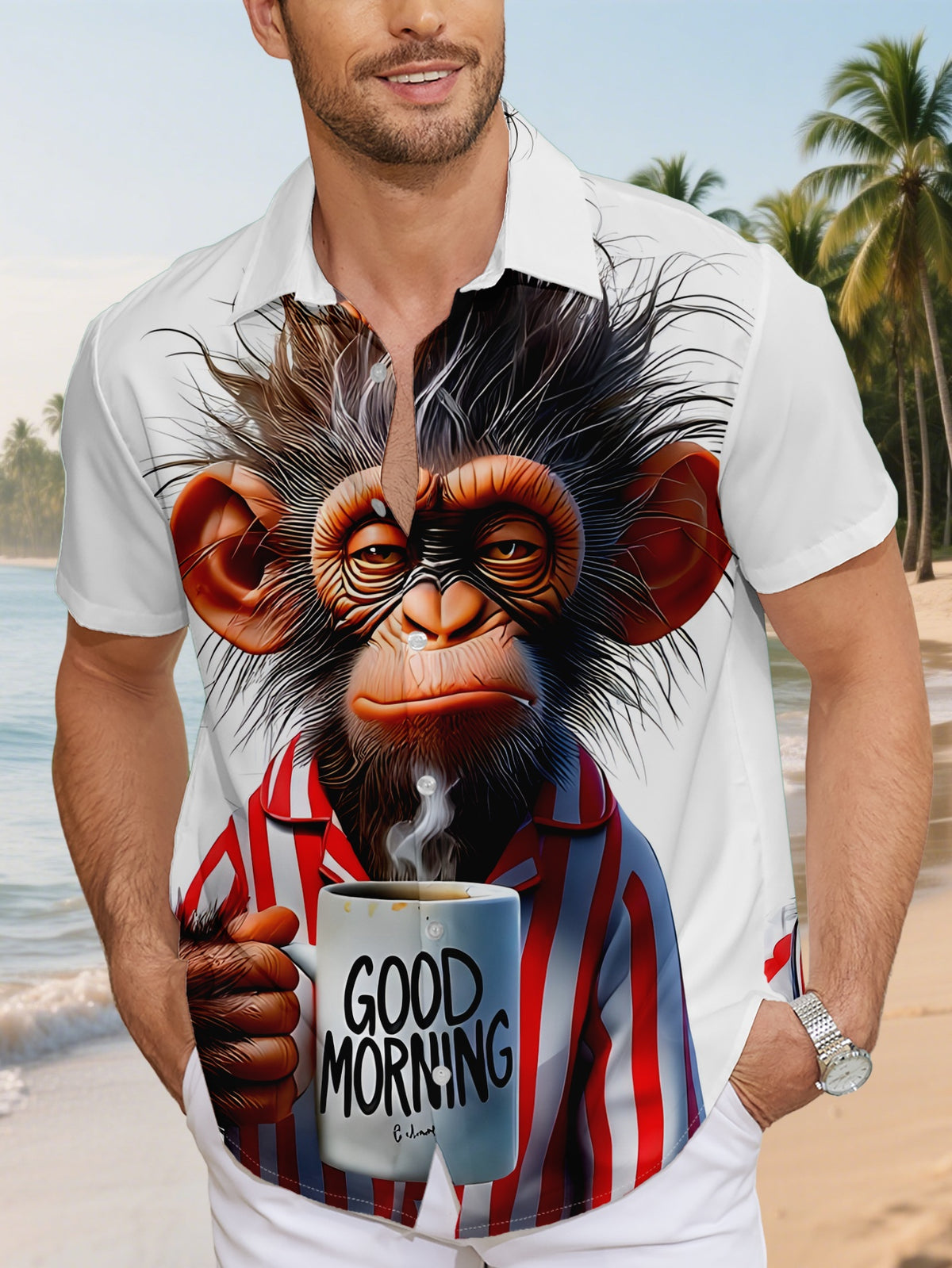 New Men's Short-Sleeve Shirt, Regular Fit for Daily Casual Wear, Fun Cartoon Monkey Print Design, Fashionable Loose Fit, Versatile Summer Top, Youth Trend, Suitable for Commuting, Home, and Outdoor Wear, Ideal for Beachwear, Vacations, and Casual
