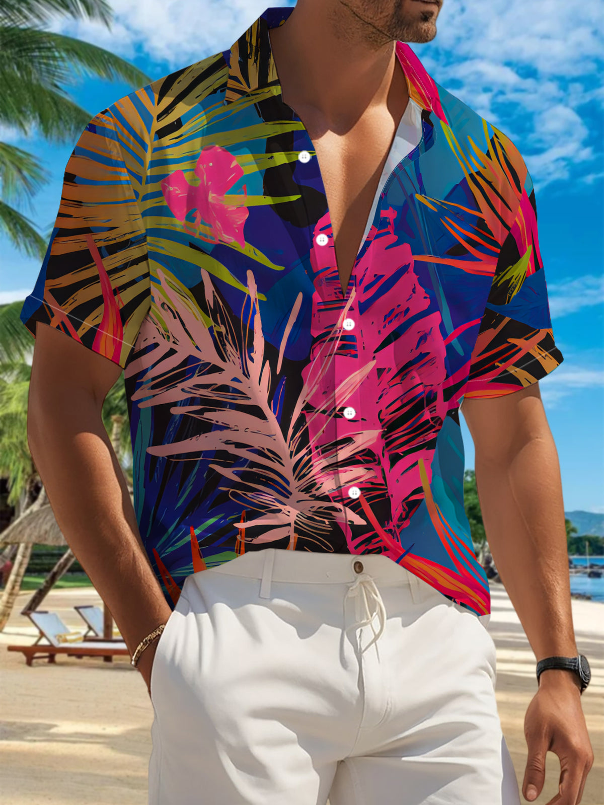New Men'S Casual Short Sleeve Shirt, Vibrant Tropical Foliage Design, Rich Interwoven Colors, Festive Gatherings And Commute Versatile, Polyester Fabric Machine Washable, Button-Up Print Shirt