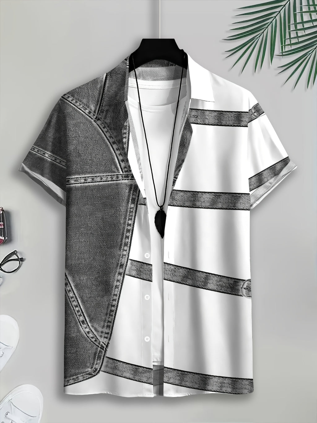 PrintedDesign-NotTextured 2dprinting Denim And Black Patchwork Style Men's Casual Shirt Print Denim Texture Design Summer Bold Contrast Panels