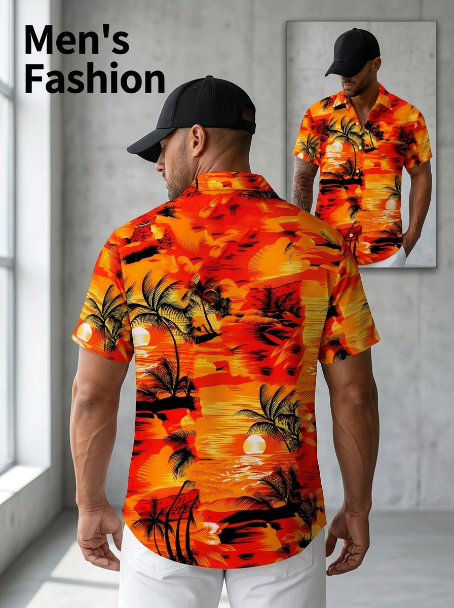 Men's Retro Hawaiian Floral Print Short Sleeve Shirt- Retro Tropical Beach Casual Collar, Lightweight Breathable Polyester Fiber, Vibrant Palm Tree Design, Suitable for Summer Outings