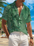 New Men'S Casual Short-Sleeve Shirt with a Teal Background Adorned with Cascading Dark Green Leaves, Perfect for Holiday Gatherings And Commuting. Made from Machine-Washable Polyester Fabric, Featuring a Button-Up Print Design