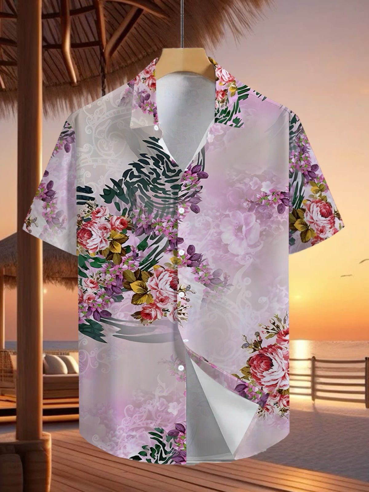 Fashionable Tropical Colorful Floral Print Men'S Casual Shirt - Short-Sleeved Button Design, Suitable for Summer Outdoor And Leisure Wear