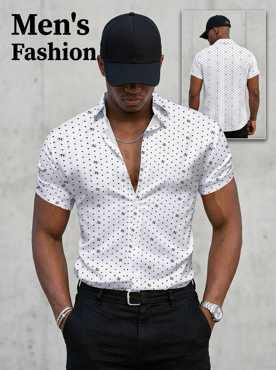 Men'S Classic Loose-Fitting And Comfortable Lapel Business Casual Button-Up Top, Men'S White Background Black Polka Dot And Symbol Print Short-Sleeved Shirt, Based on White, with Black Polka Dots And Easy Symbol Patterns As The Core Design