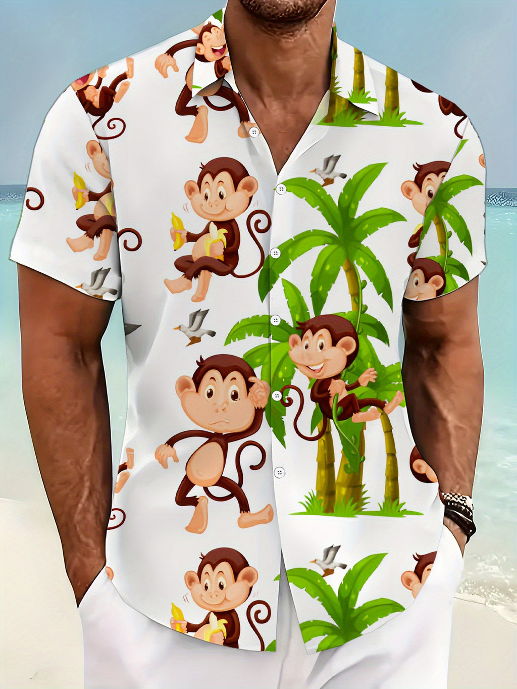 Men'S Tropical Monkey And Palm Tree Print Shirt - Hawaiian Style Short Sleeve Beach Shirt, Lightweight Non-Stretch Fabric Suitable for Summer Vacation, Parties, Casual Wear - Easy Care Button-Up Collar Design, Hawaiian Style Top, Fun Pattern