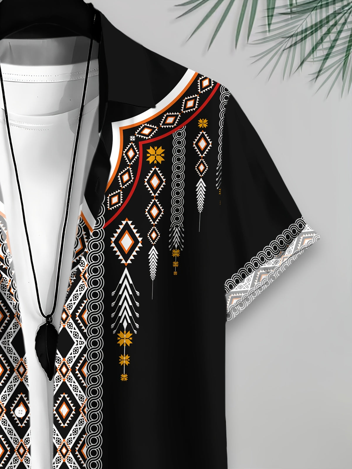 Ethnic Print Men's Casual Shirt Black Geometric Pattern Summer Traditional Pattern Embellishment Fashion Casual Short-Sleeve Shirt