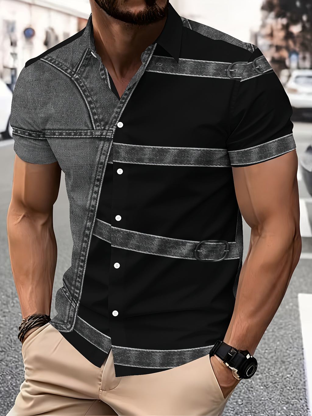 PrintedDesign-NotTextured 2dprinting Denim And Black Patchwork Style Men's Casual Shirt Print Denim Texture Design Summer Bold Contrast Panels