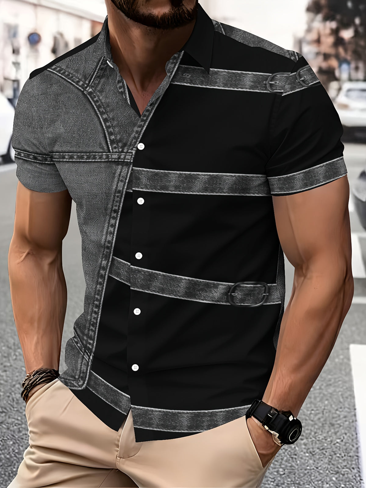 PrintedDesign-NotTextured 2dprinting Denim And Black Patchwork Style Men's Casual Shirt Print Denim Texture Design Summer Bold Contrast Panels