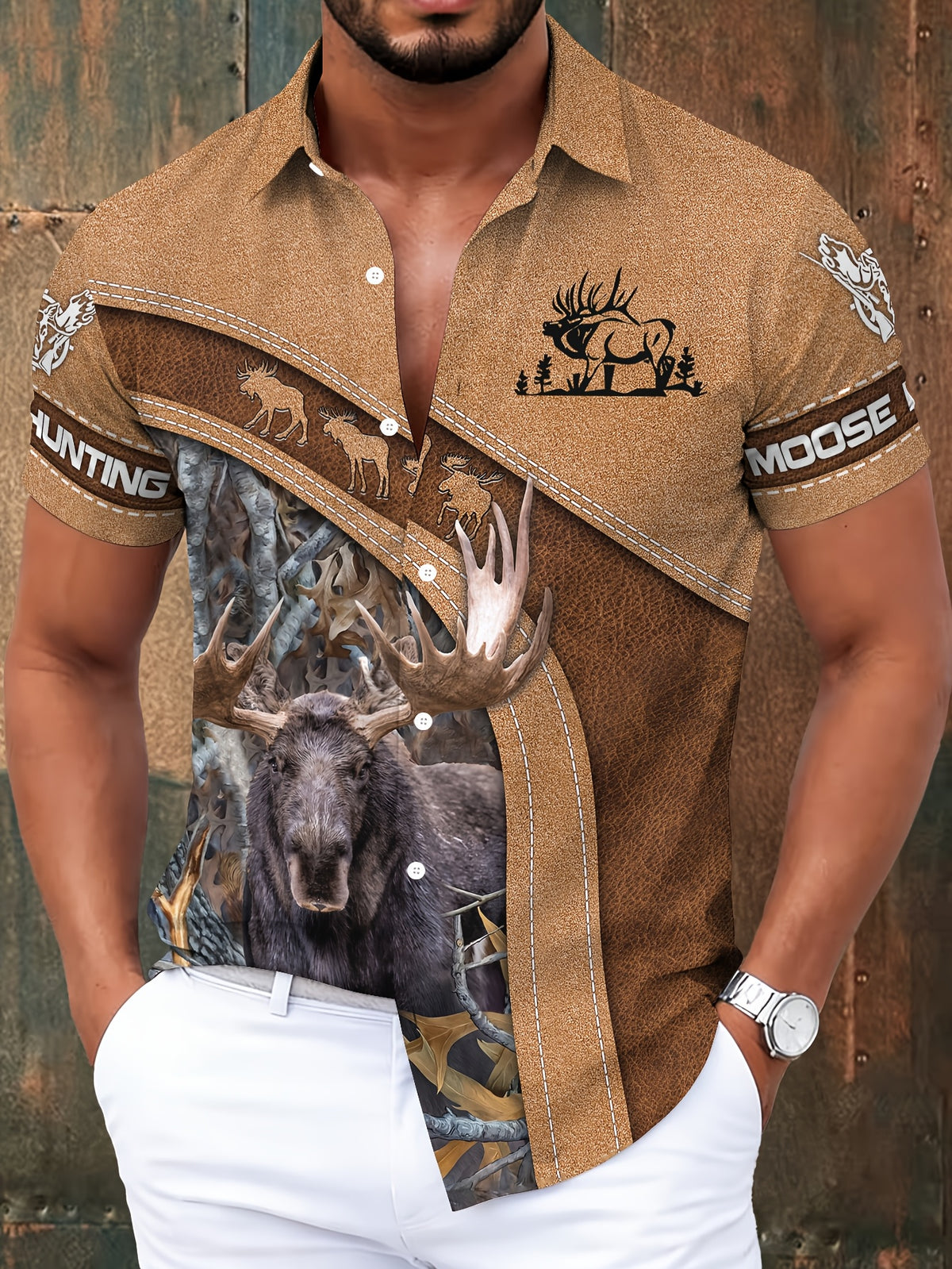 Outdoor Hunting Style Men'S Casual Shirt, Printed Brown Moose And Forest Scene, Summer Large Antlered Moose in Woodland Setting