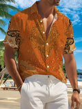New Men's Casual Short-Sleeve Shirt, Orange Base with Golden-Brown Intertwined Vine Pattern, Symmetrical, Intricate, and Elegant, Versatile for Holiday Parties and Commuting, Polyester Fiber Fabric, Machine Washable, Button-Up Printed Shirt