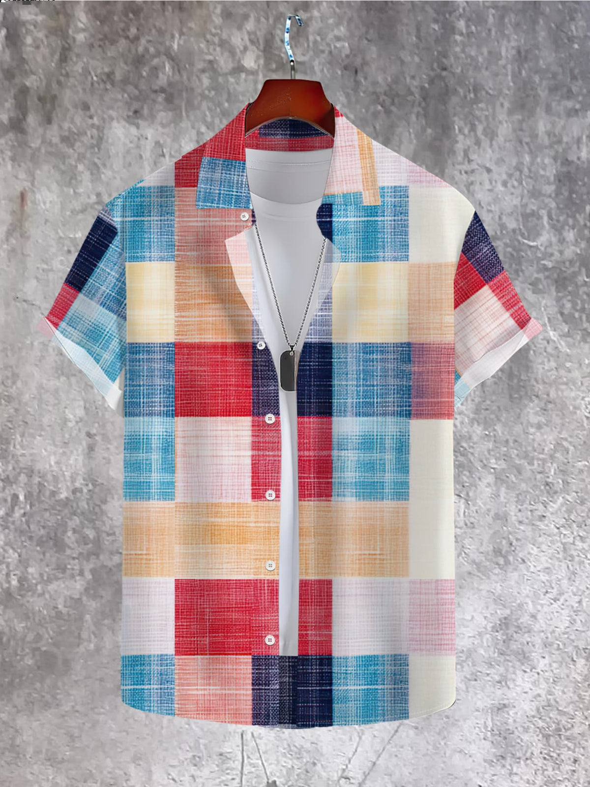 2025 Summer New Fashion Colorful Plaid Print Short Sleeve Shirt Men'S Casual Loose Breathable Turn- Collar Half Sleeve Top