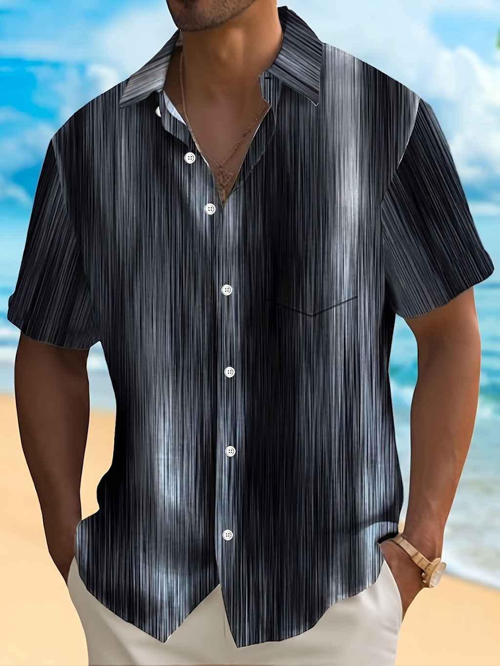 Vintage Gradient Stripe Texture Men's Button Pocket Shirt, PLUS SIZE