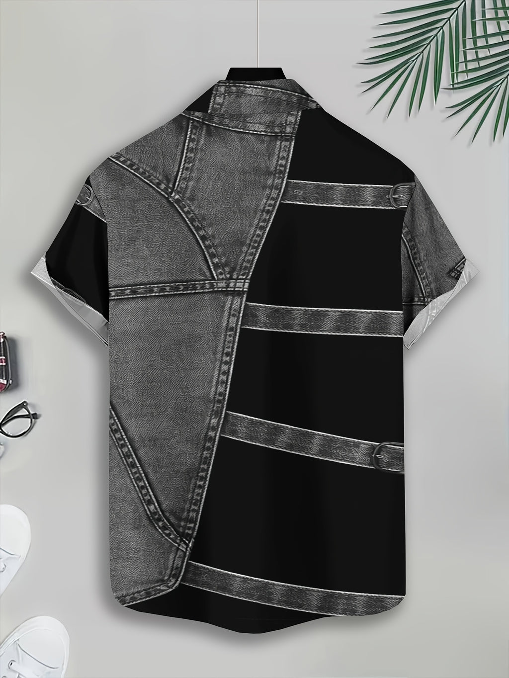 PrintedDesign-NotTextured 2dprinting Denim And Black Patchwork Style Men's Casual Shirt Print Denim Texture Design Summer Bold Contrast Panels