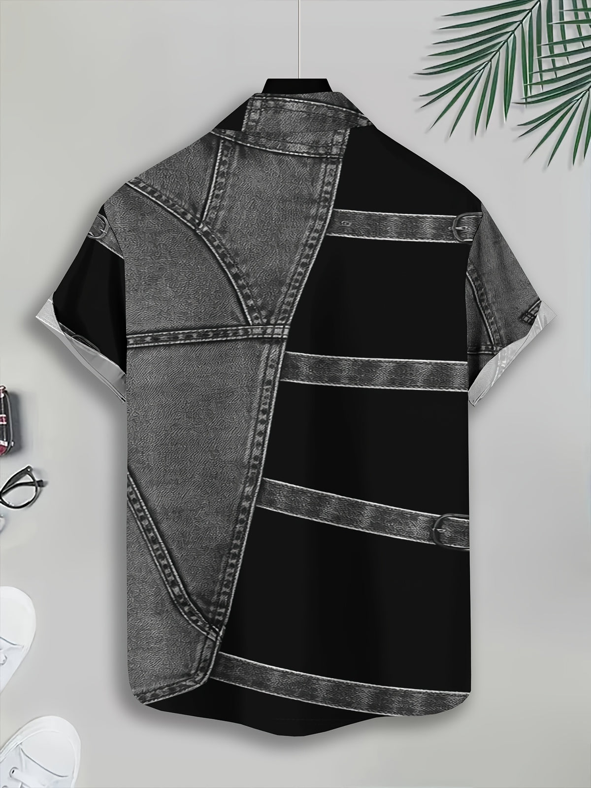 PrintedDesign-NotTextured 2dprinting Denim And Black Patchwork Style Men's Casual Shirt Print Denim Texture Design Summer Bold Contrast Panels