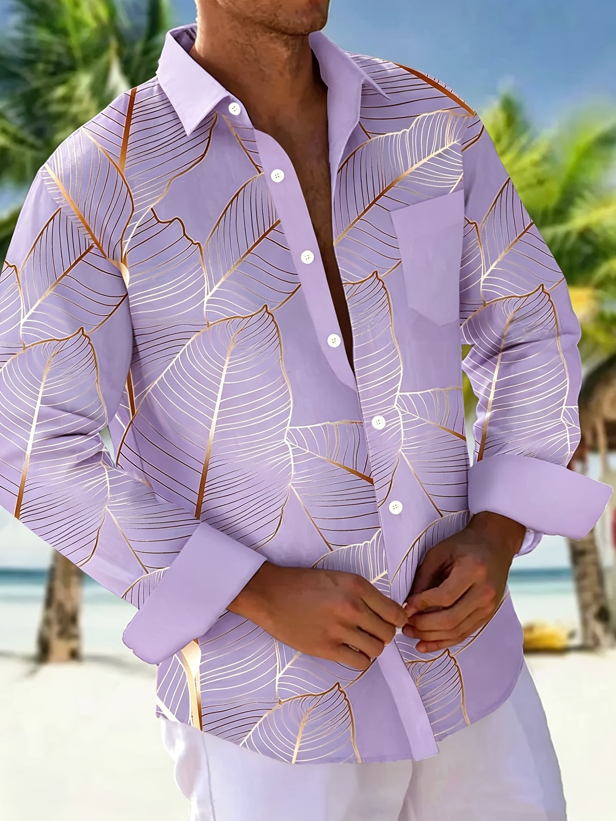 Hawaiian Botanical Leaf Gradient Print Men's Plus Size Button-Up Pocket Long Sleeve Shirt, PLUS SIZE