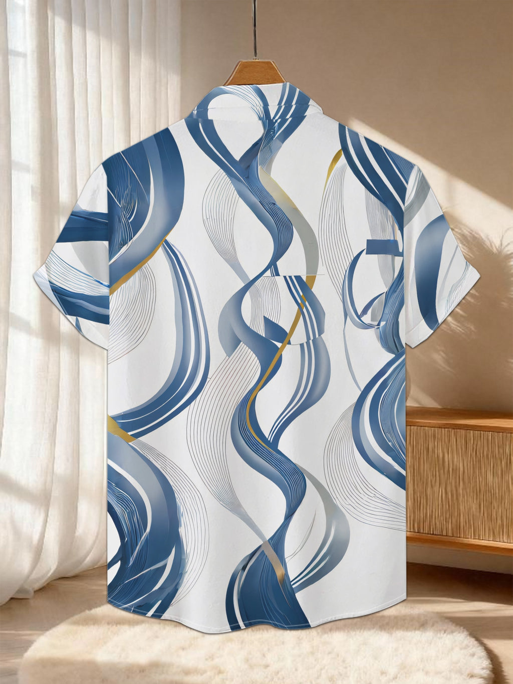 New Men's Casual Short-Sleeve Shirt, Blue and Golden Streamlined Intertwined Pattern, Dynamic and Writhing Stretch, Versatile for Holiday Parties and Commuting, Polyester Fabric, Machine Washable, Button-Up Printed Shirt