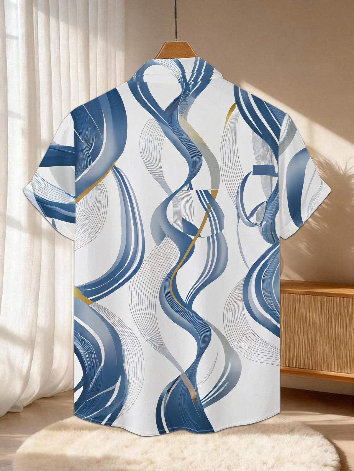 New Men's Casual Short-Sleeve Shirt, Blue and Golden Streamlined Intertwined Pattern, Dynamic and Writhing Stretch, Versatile for Holiday Parties and Commuting, Polyester Fabric, Machine Washable, Button-Up Printed Shirt