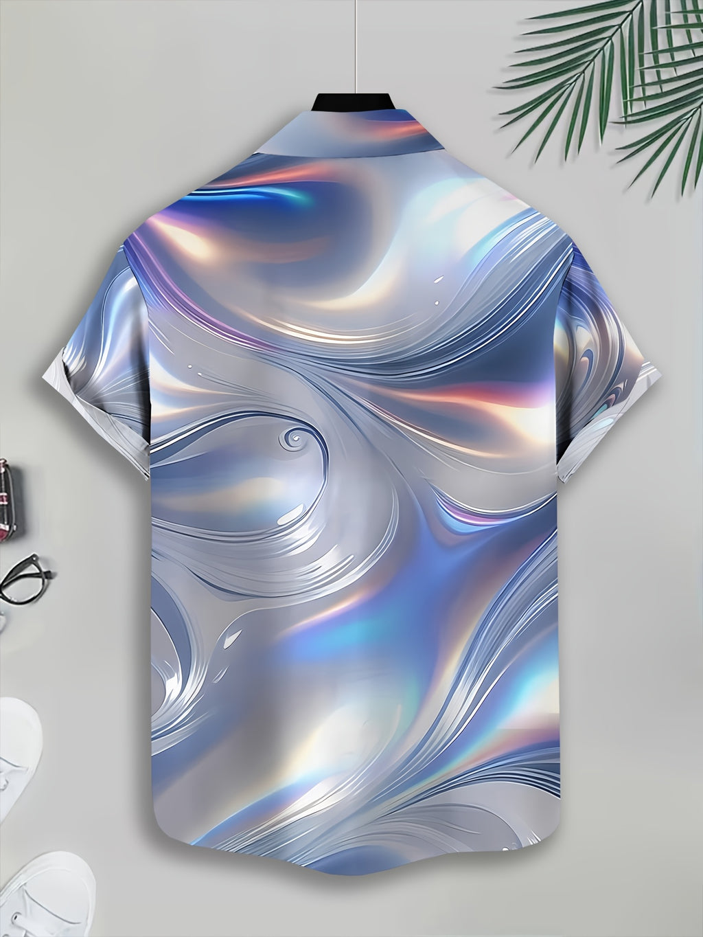 Abstract Wave Design Men'S Casual Shirt, Print Silver Blue Holographic Pattern Summer Shimmering Fluid Art