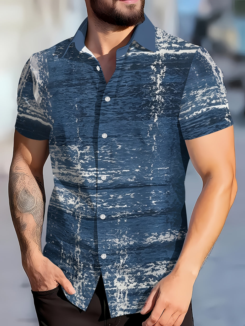 Summer Casual Shirt, Men's Versatile Daily Commute Top, Fashionable Men's Dress Shirt, Color-block Printed Short Sleeve