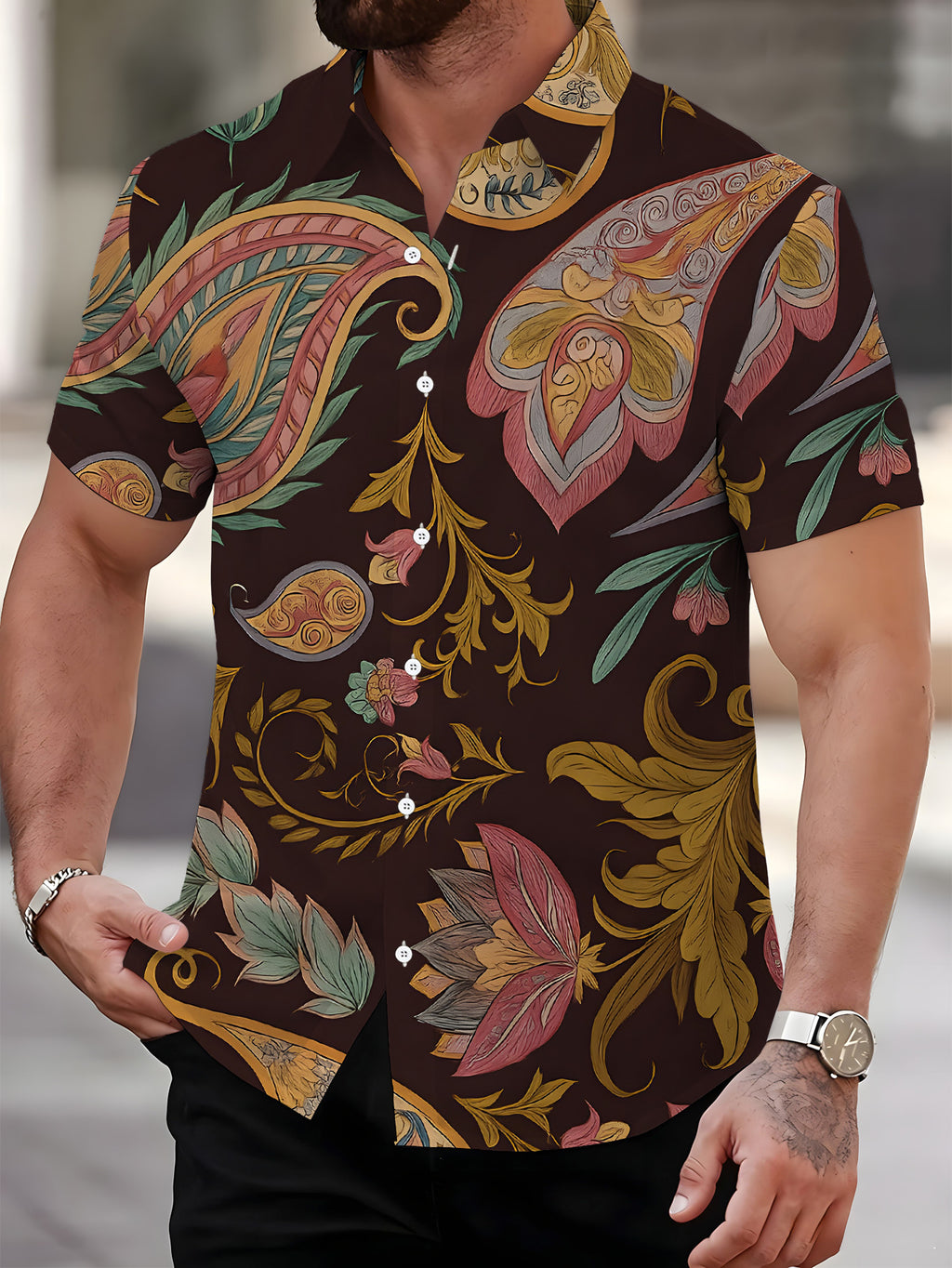 Men's Short-Sleeve Shirt, Vintage Style Print, Men's Printed Short-Sleeve Shirt with Paisley Elements, Cool Men's Shirt, Dark Base with Colorful Pattern, Men's Casual Short-Sleeve Shirt for Summer