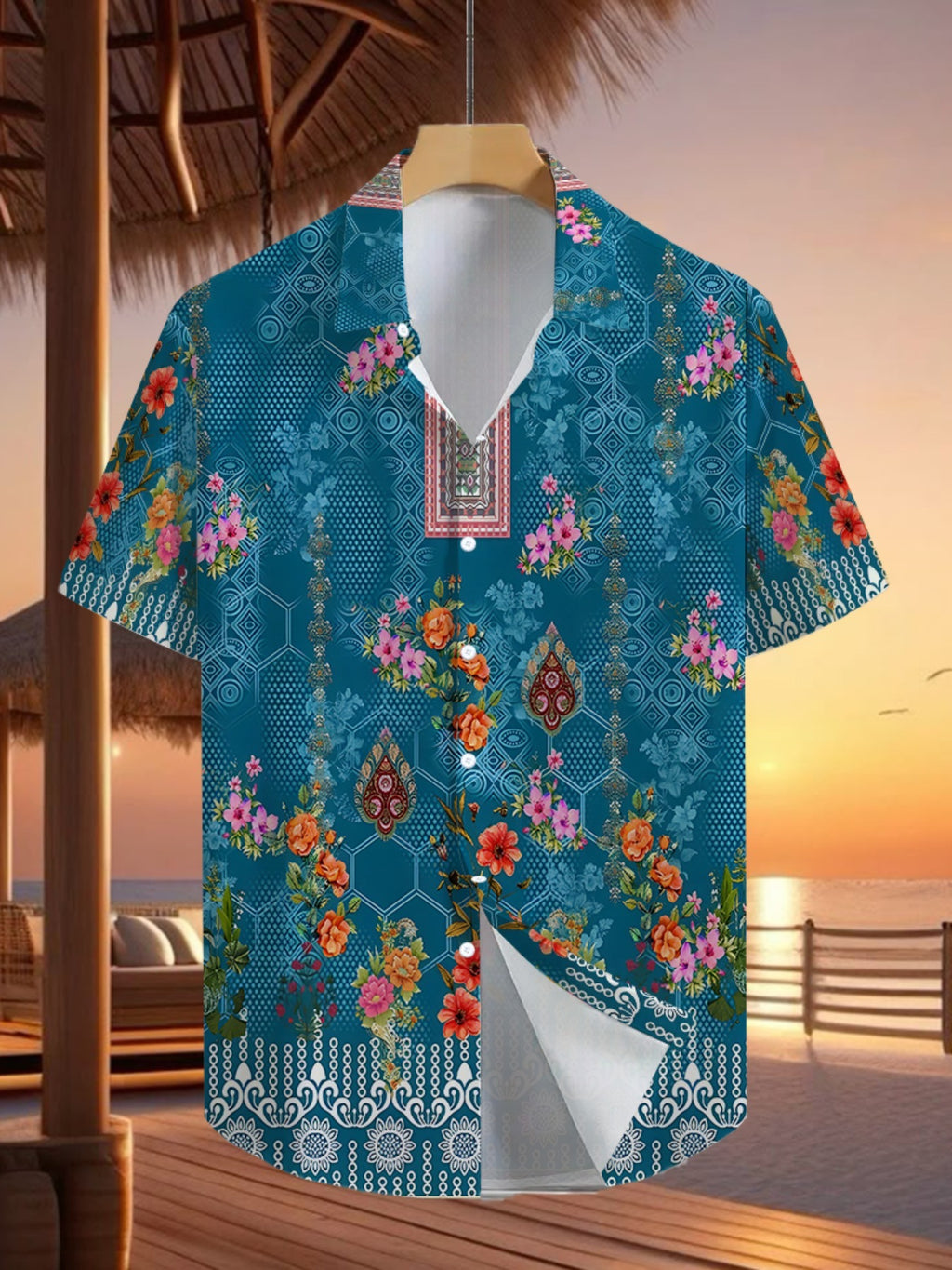 Tropical Vacation Floral Print Men'S Casual Shirt - Short-Sleeved Button Design, Bright Colors, Summer Outdoor And Casual Wear, Machine Washable