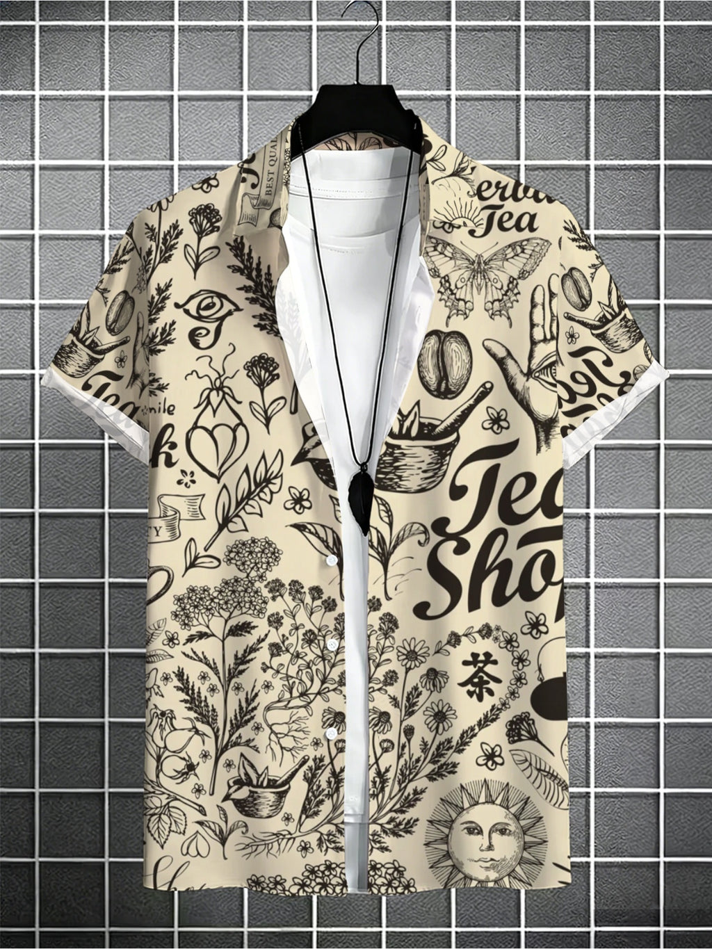 Men's All-over Printed Vintage Herbal Tea Sketch Hand-drawn Hawaiian Shirt, Beige Casual Short-sleeve Collared Shirt, Summer Seaside Daily Commute Aloha Shirt, the First Choice for Birthday and Holiday Gifts for Tea and Coffee Lovers, Teenagers, And