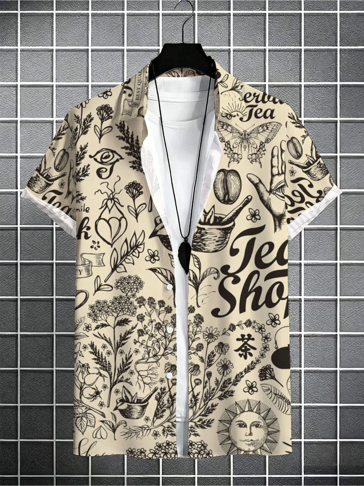Men's All-over Printed Vintage Herbal Tea Sketch Hand-drawn Hawaiian Shirt, Beige Casual Short-sleeve Collared Shirt, Summer Seaside Daily Commute Aloha Shirt, the First Choice for Birthday and Holiday Gifts for Tea and Coffee Lovers, Teenagers, And