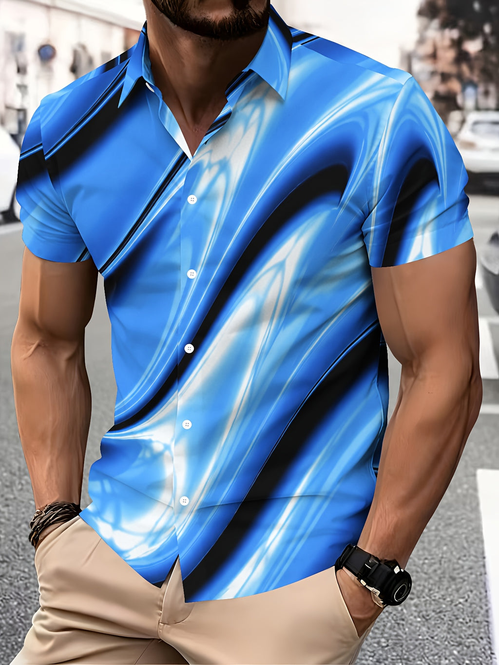 Men'S Casual Shirt, Printed Blue Abstract Wave Pattern Summer Vibrant Design