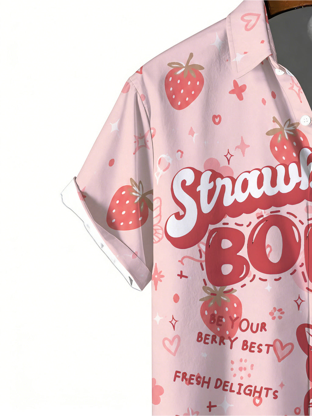 Men's Casual Short-sleeve Shirt, Butterfly, Heart, and Strawberry Digital Print, Light Pink Versatile Shirt