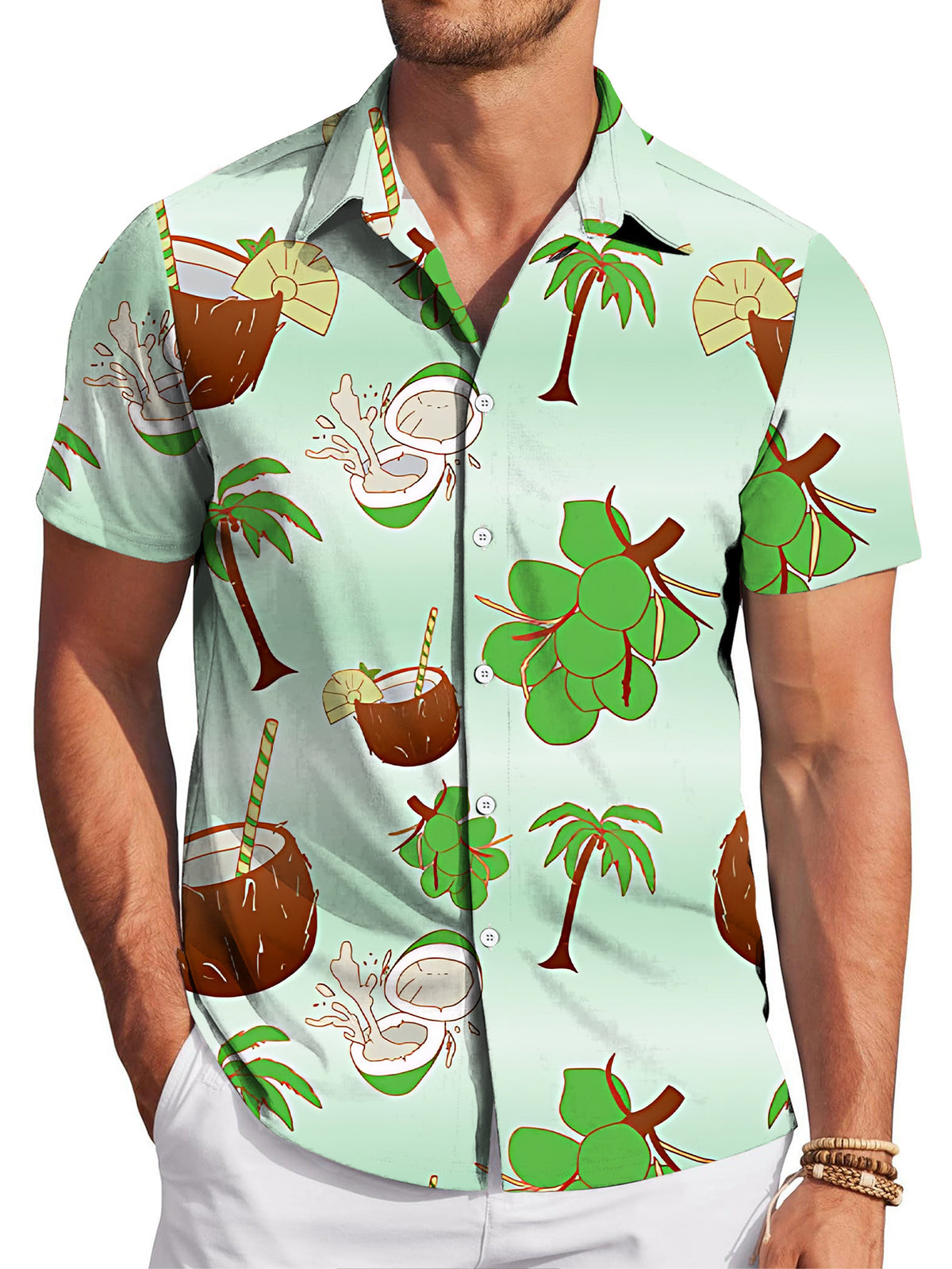 Men's Casual Digital Print Regular Fit Short Sleeve Shirt, Coconut Palm Tree Cartoon Style in Light Green, Stylish and Elegant Dopamine Party Top, Men's/Printed/Summer/Clothes/Apparel/Trendy/Streetwear