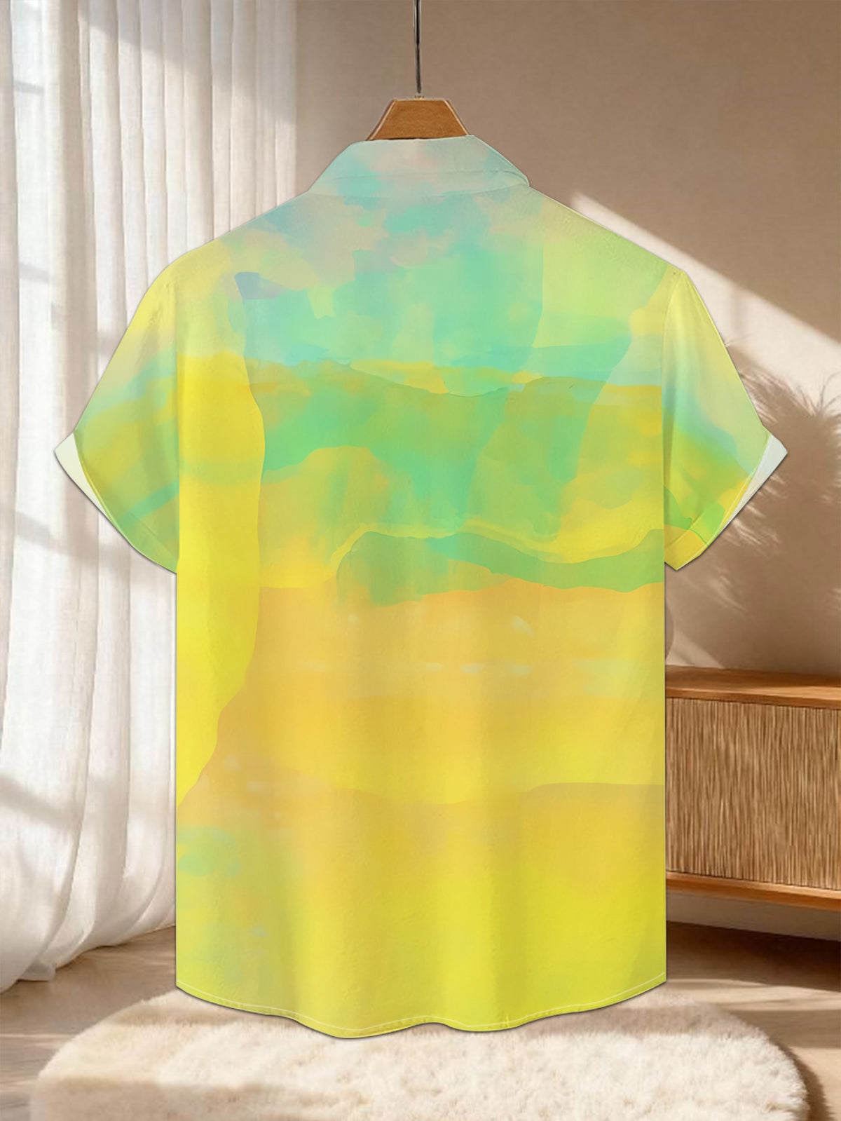 New Men's Casual Short-Sleeve Shirt with Yellow-Blue Watercolor Gradient, Hazy and Dreamlike, Versatile for Holiday Parties and Commuting, Polyester Fabric, Machine Washable, Button- Printed Shirt