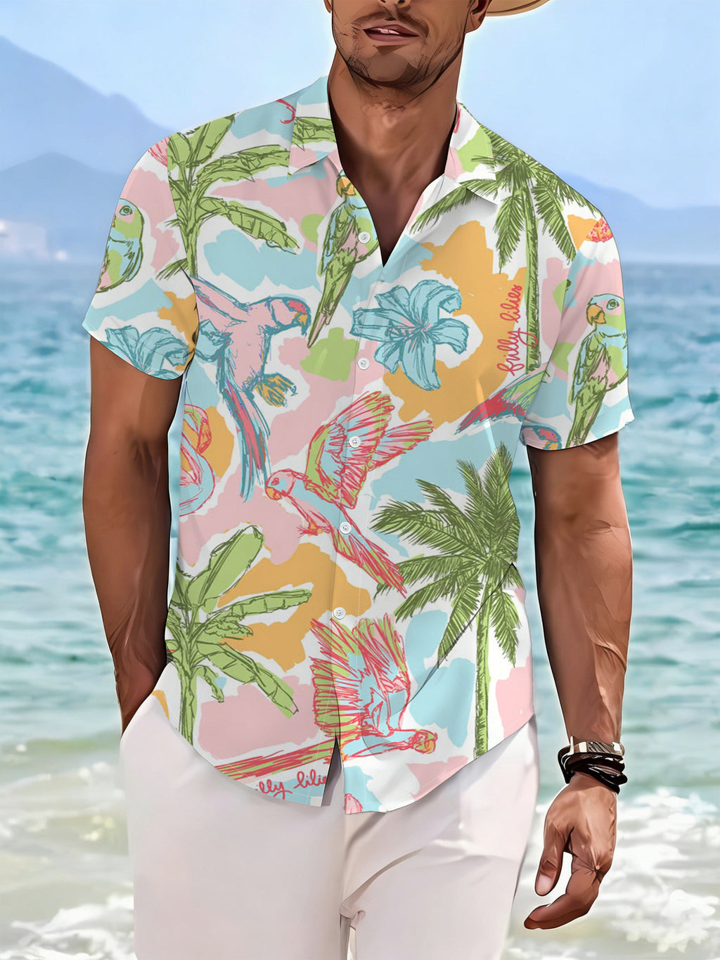 Men's Summer Cool Printed Button- Shirt with Tropical Hand-Painted Patterns, Featuring Dancing Parrots, Flamingos, and Palm Flowers. Suitable for Summer Casual Wear and Beach Vacations