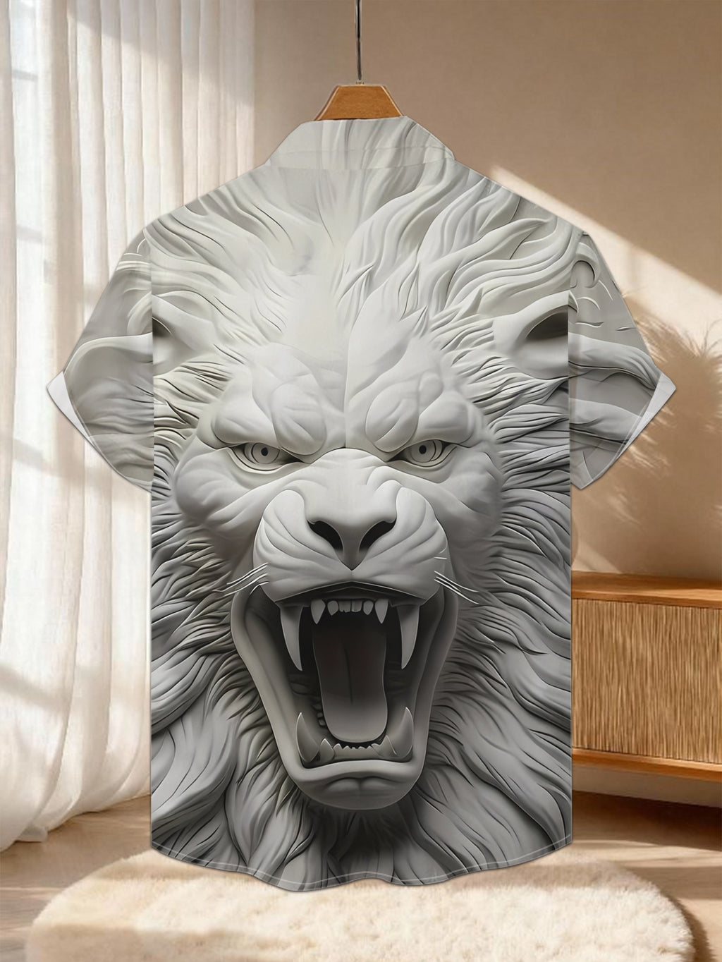 New Men's Casual Short-Sleeve Shirt - White Fabric with Engraved Fierce Lion, Curling Mane, and Bared Fangs for a Dazzling Presence. Versatile Casual Top for Festivals, Parties, and Commuting. Polyester Fabric, Machine Washable. Button