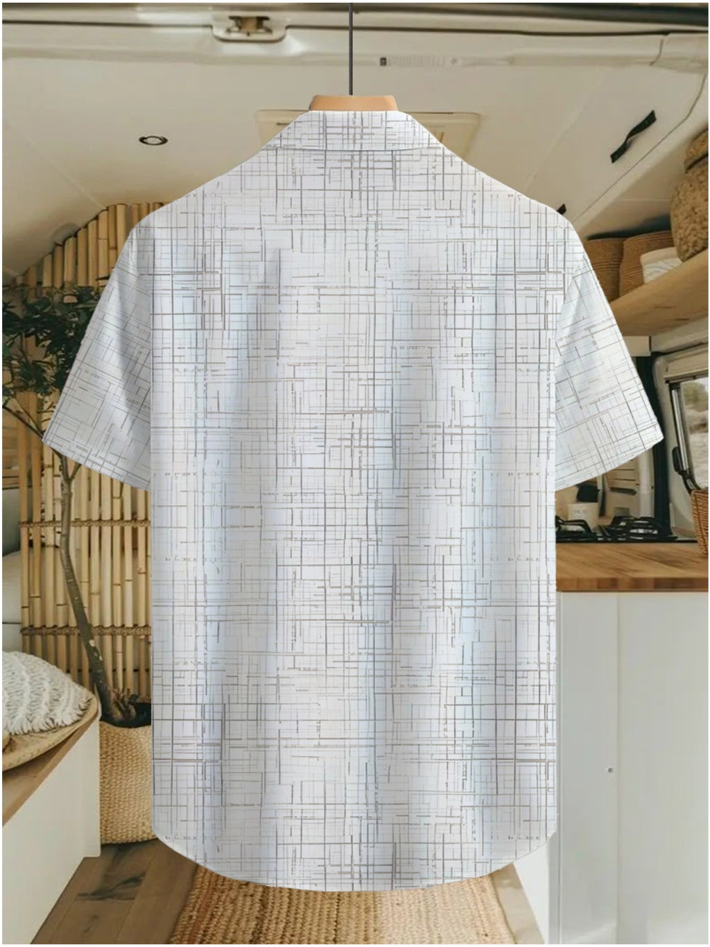 Men's Short-sleeve Shirt with Light Brown Crisscrossed Line Pattern Print. Featuring an Base with an Irregular Plaid Design Composed of Light Brown Intersecting Lines, This Shirt Has a Loose Fit with a Single-breasted Button Placket