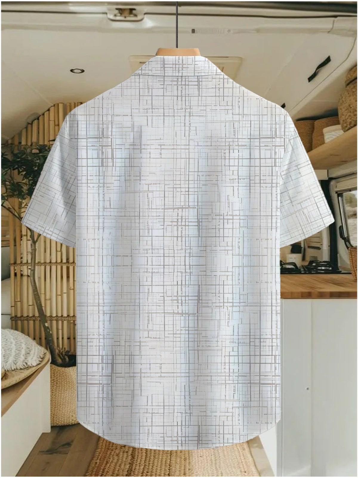 Men's Short-sleeve Shirt with Light Brown Crisscrossed Line Pattern Print. Featuring an Base with an Irregular Plaid Design Composed of Light Brown Intersecting Lines, This Shirt Has a Loose Fit with a Single-breasted Button Placket