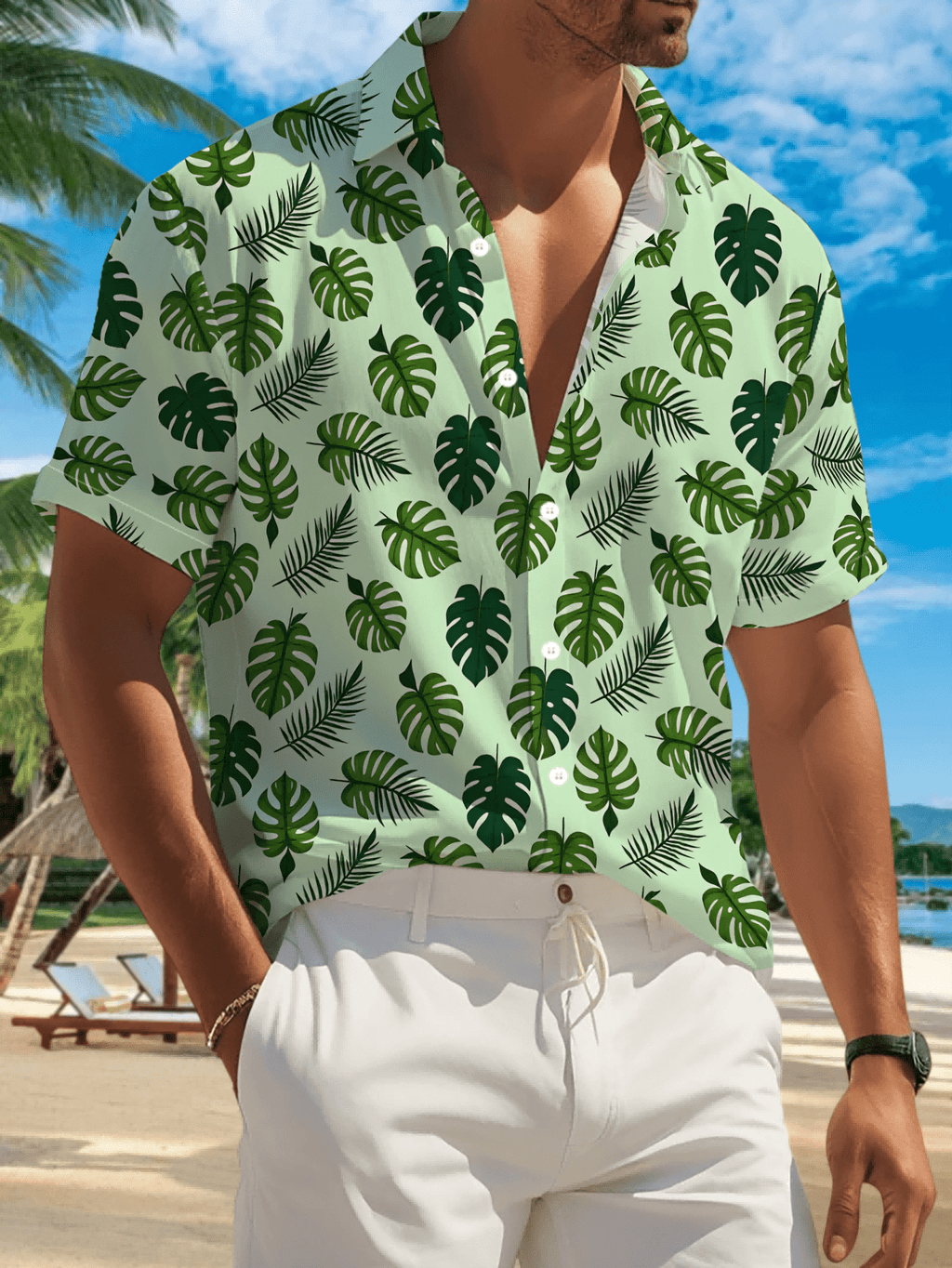 New Men's Casual Short-Sleeve Shirt with Light Green Base and Multi-Colored Dark Green Tropical Leaf Patterns, Versatile for Holiday Parties and Commuting. Made of Polyester Fiber, Machine Washable, Lightweight for Summer. Suitable for Casual Wear