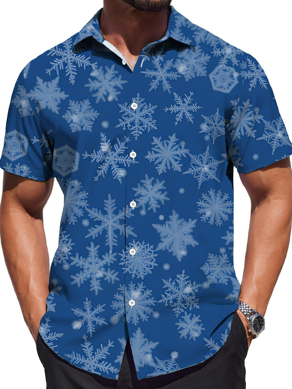 Men'S Casual Short-Sleeve Shirt - Snowflake Print Blue Winter Style, Regular Fit Non-Stretch Fabric, Button-Up for Summer Streetwear And Daily Wear, Fashionable Snowflake Design, All-Season Wear, Trendy Item