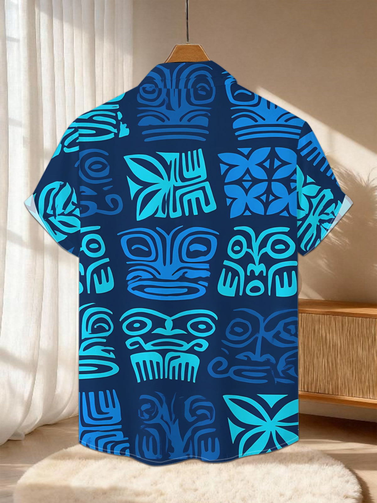 New Men'S Casual Short-Sleeve Shirt Featuring a Blue Base with Turquoise Polynesian Style Tribal Patterns, Perfect for Festivals, Gatherings, And Commuting. Made from Machine-Washable Polyester Fabric, It Has a Button-Up Design