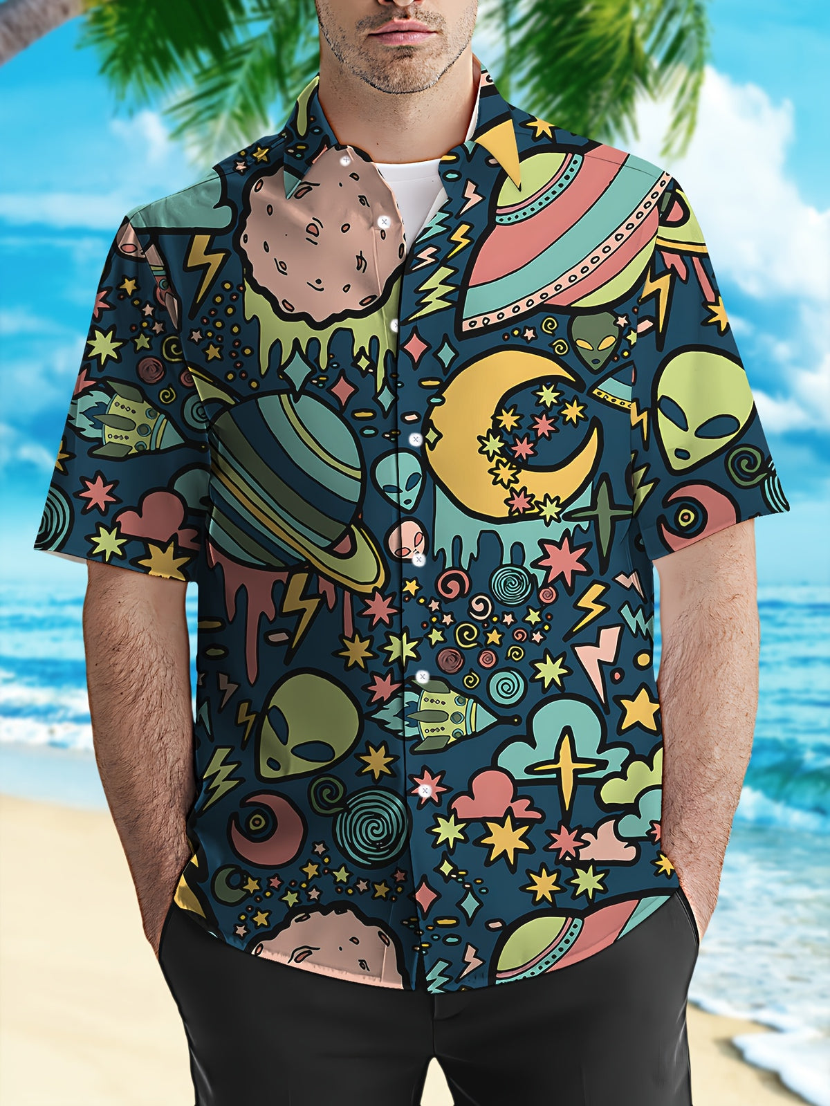 Men's Summer Casual Planet Alien Print Shirt - Breathable, Short Sleeve, Hawaiian Style, Summer Outdoor Vacation, Breathable Tropical Beach Short Sleeve, Lapel Button-Up Casual Shirt, Suitable for Summer Vacation