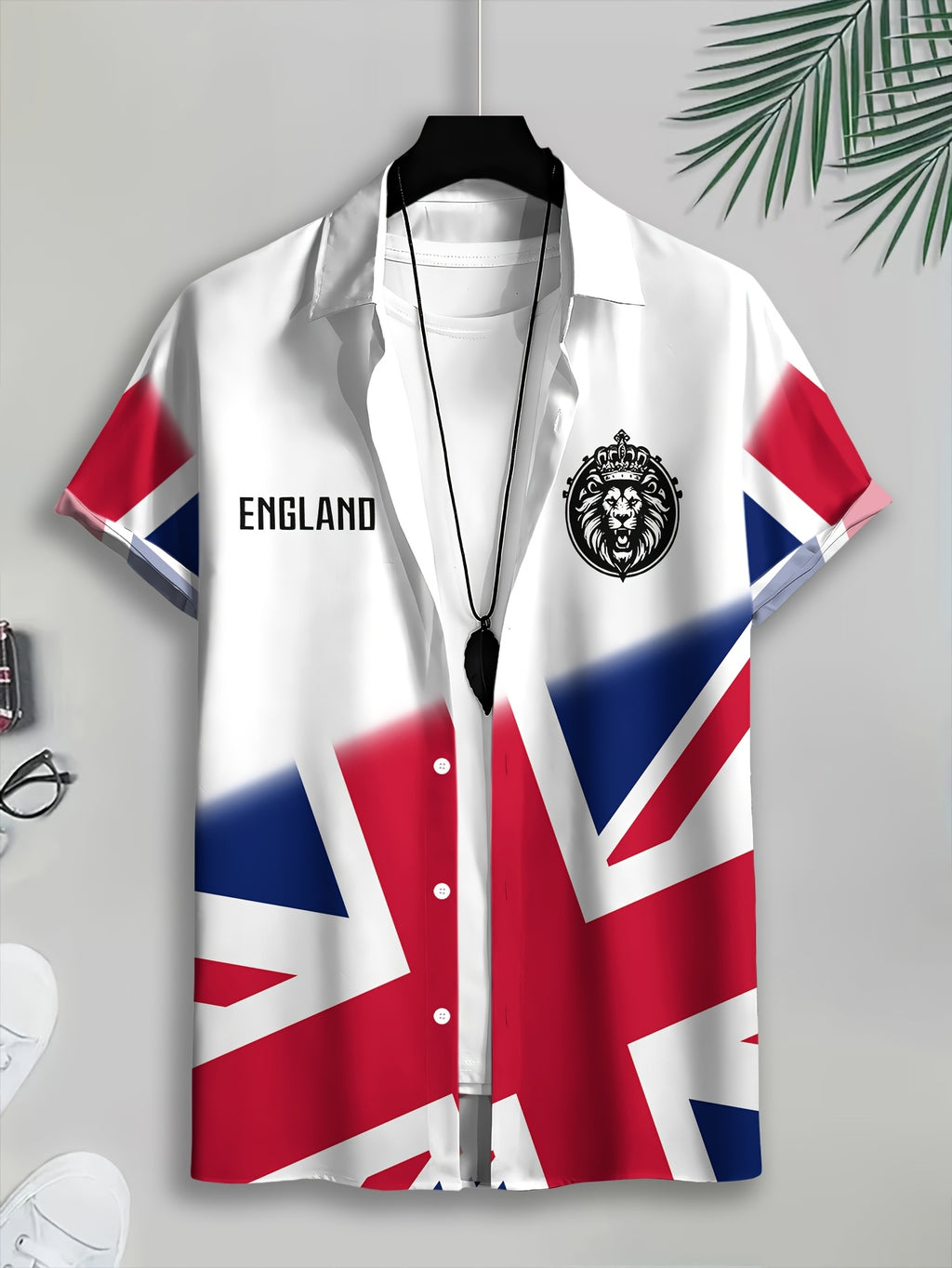 Casual Style Men's Casual Shirt Print White England Flag And Lion Emblem Summer Vibrant Union Jack Design