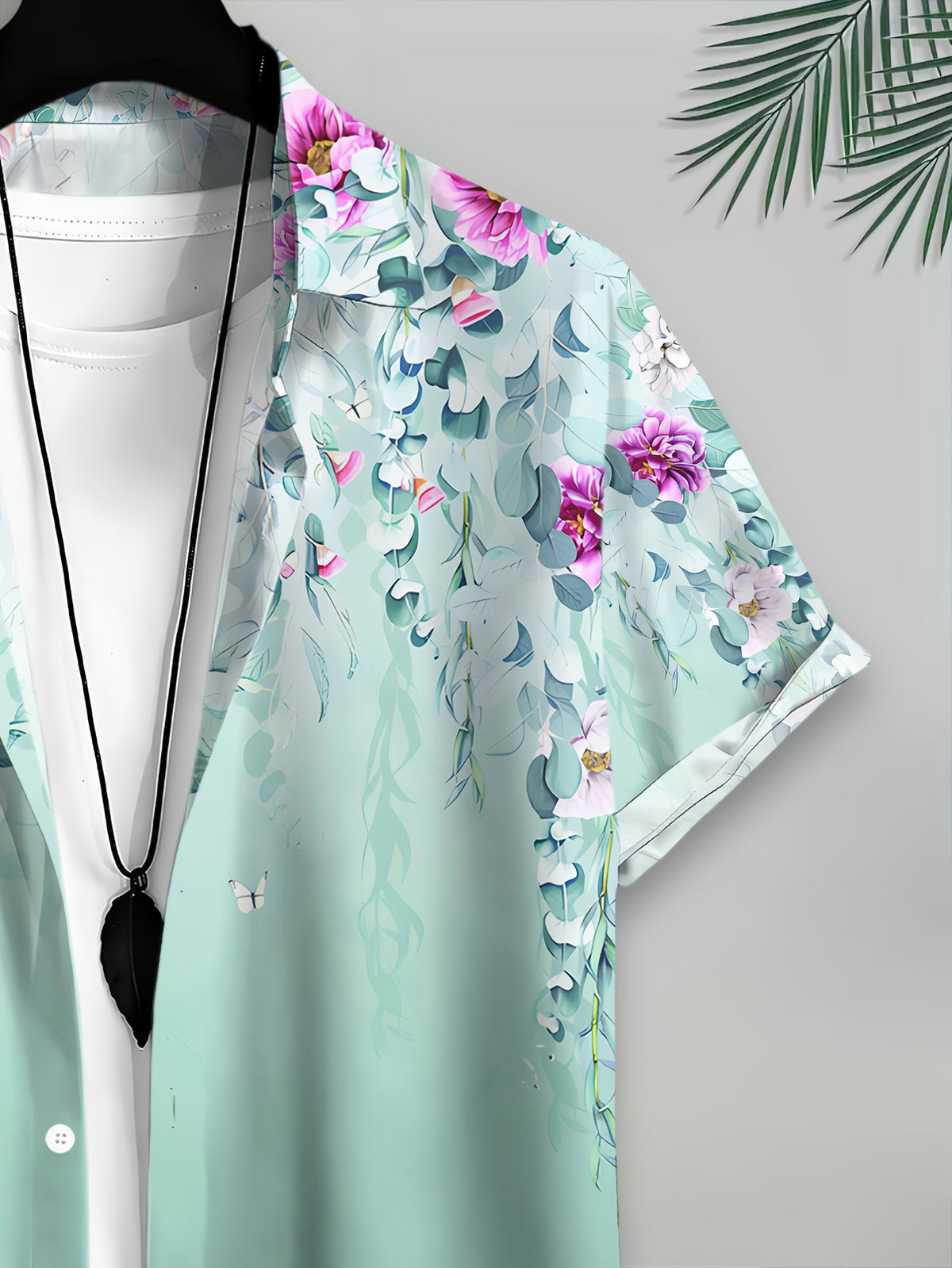 Floral Print Men'S Casual Shirt, Printing Summer Flowers And Leaves Pattern