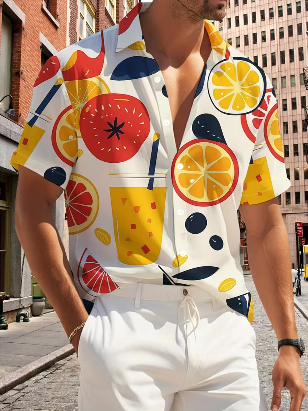 Men'S Casual Shirt with Orange Pattern Print - Short-Sleeved Button Design, Bright Colors, Suitable for Outdoor And Casual Wear in Summer, Machine Washable