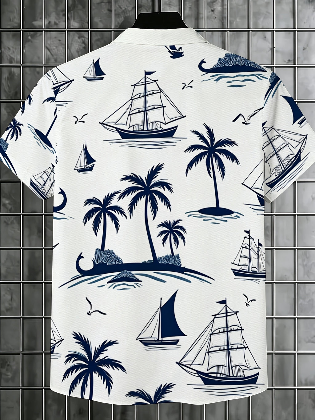 Men'S Summer Short Sleeve Shirt, Hawaiian Style Coconut Palm Sailboat Print, Casual Breathable Vacation Top, All-Match Style for Beach Outings