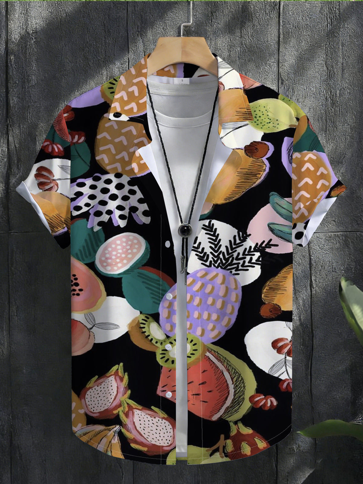 Men's Hawaiian Shirt Short-Sleeve Button-Up Beach Shirt with Collar & Flip-Front Button Closure - Tropical Palm Fruit Print Button Details, Loose Fit Hawaiian Button-Up Suitable for Summer Vacations, Beach Parties, Casual Streetwear