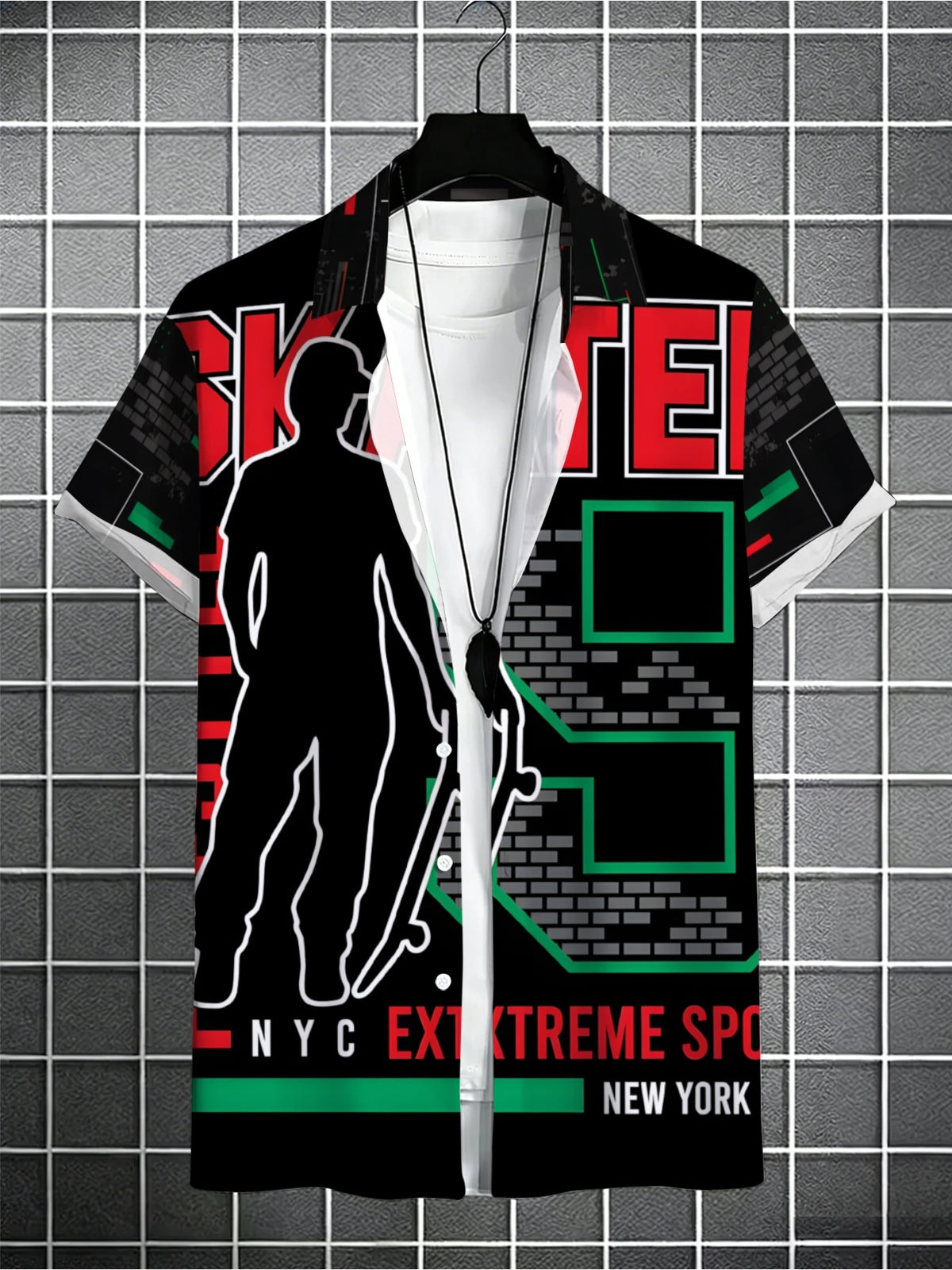Men'S All-Over Print Skateboard Youth Silhouette Brick Wall Short-Sleeve Collared Shirt, Black Street Skateboard Casual Top, Perfect for Summer Vacation And Everyday Wear, Top Choice for Teenage Skateboard Enthusiast Birthday Gifts
