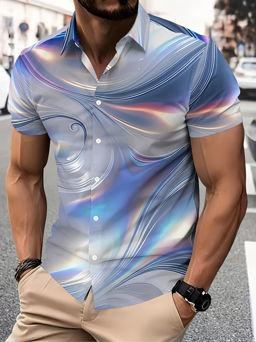Abstract Wave Design Men'S Casual Shirt, Print Silver Blue Holographic Pattern Summer Shimmering Fluid Art