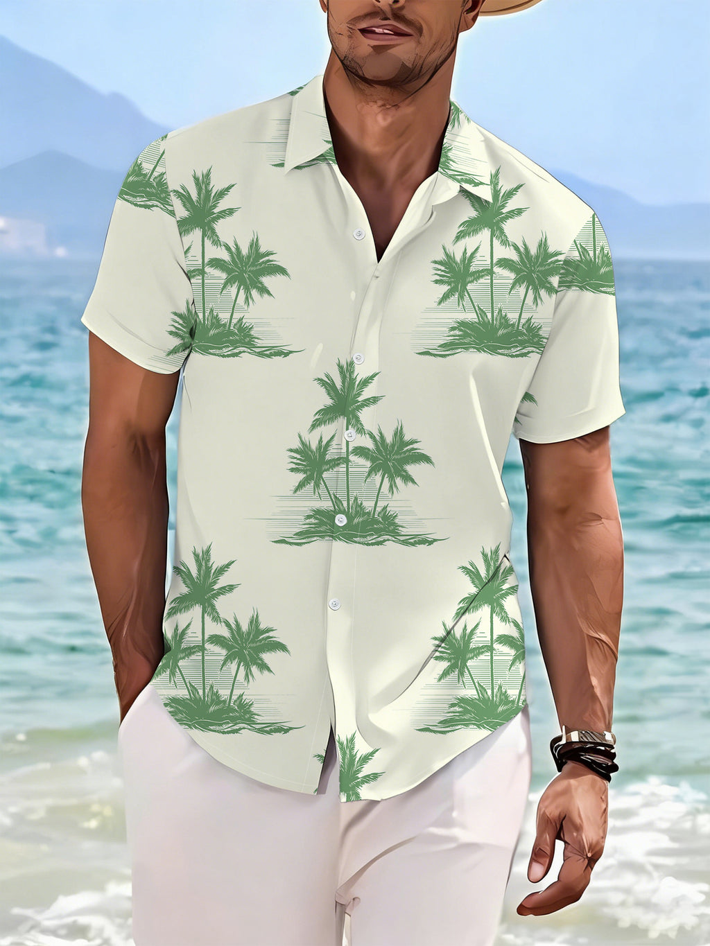 Men'S Summer Cool Print Button-Up Shirt, Tropical Palm Tree Pattern Background, Suitable for Summer Casual And Beach Vacation