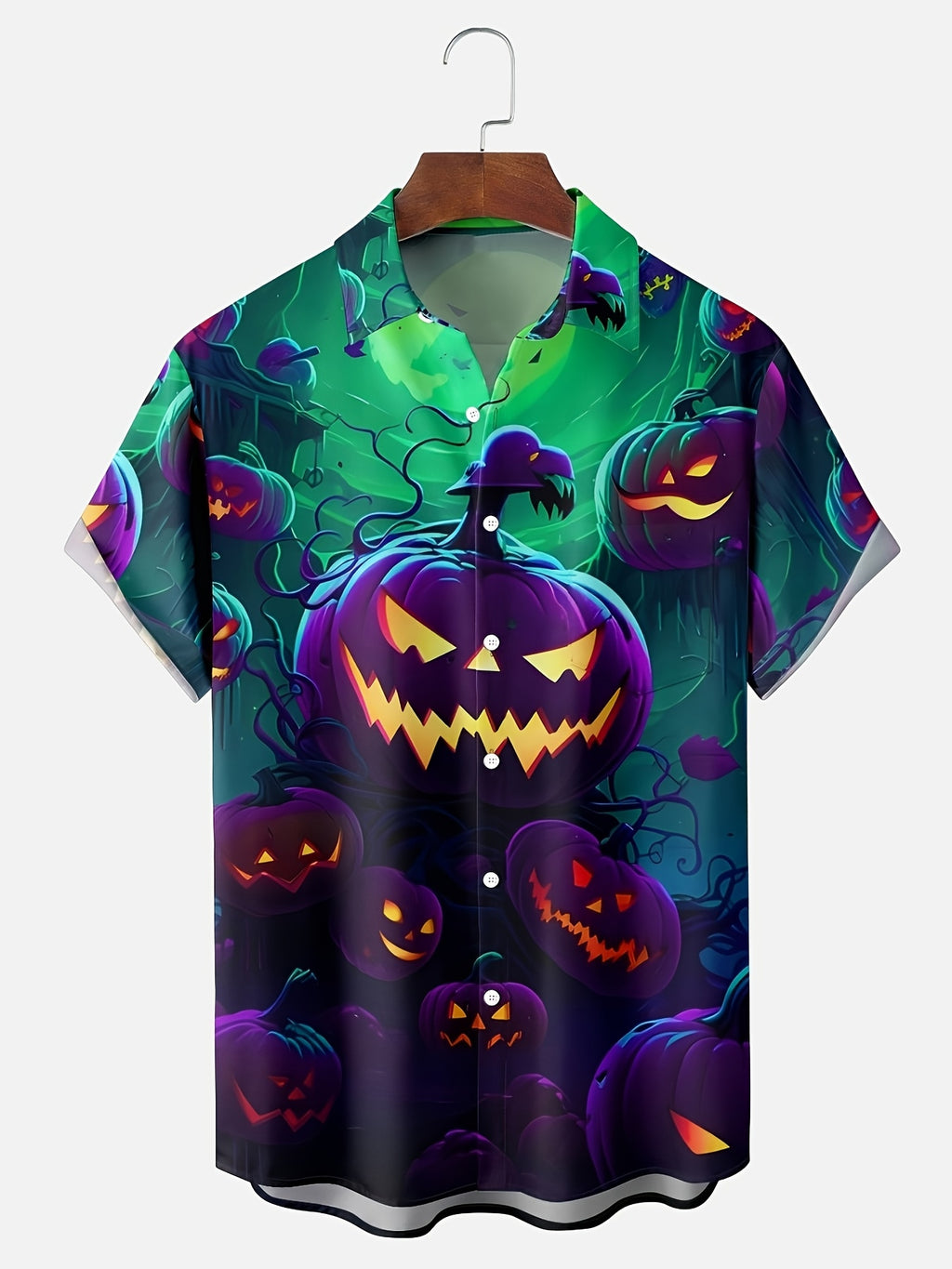 Men'S Dark Glow-In-Dark Pumpkin Lantern Halloween Print Short Sleeve Shirt, Soft And Breathable, Halloween Party Horror Theme Outfit
